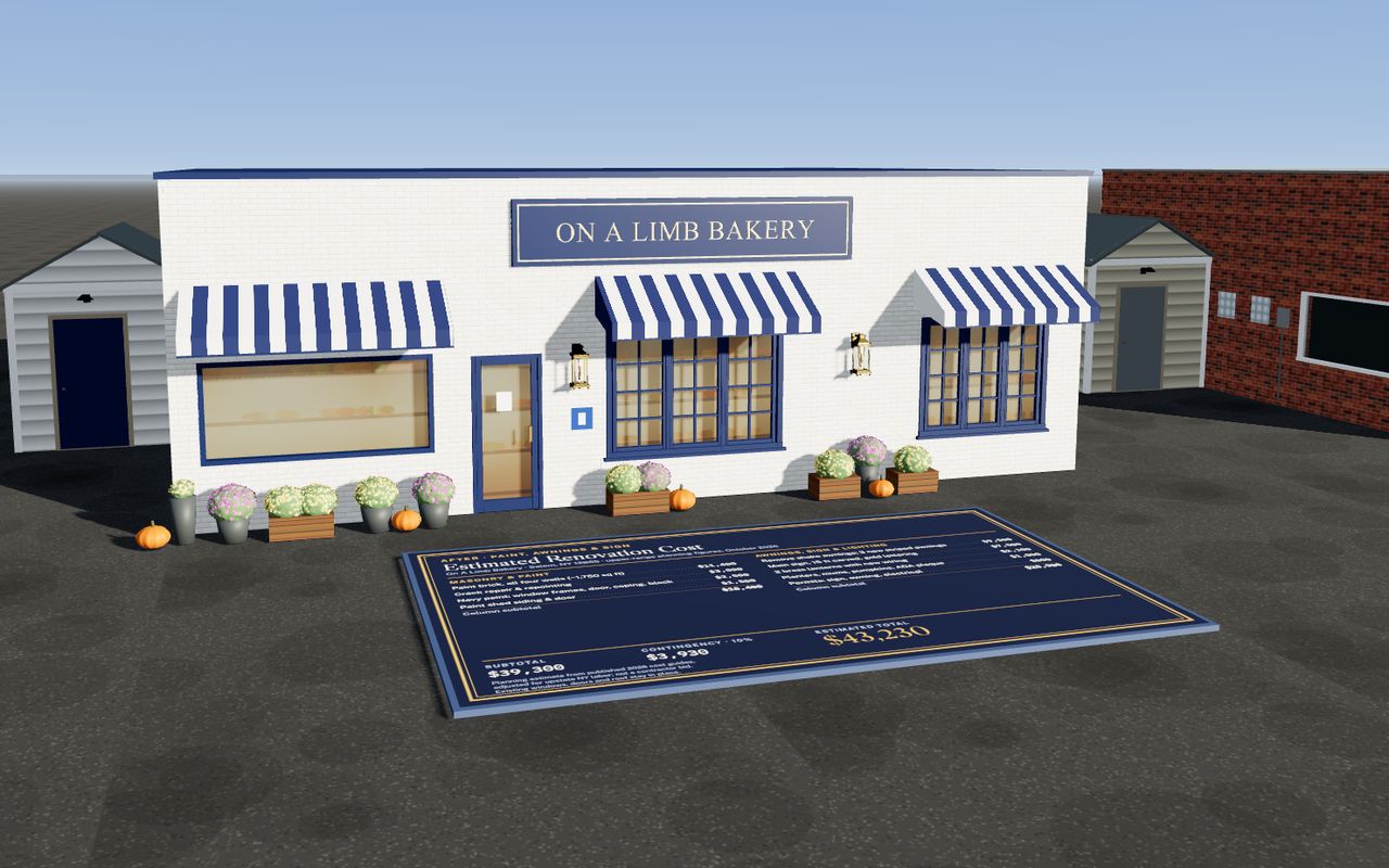 The After v1 design: light walls, navy trim, three striped awnings and a carved sign