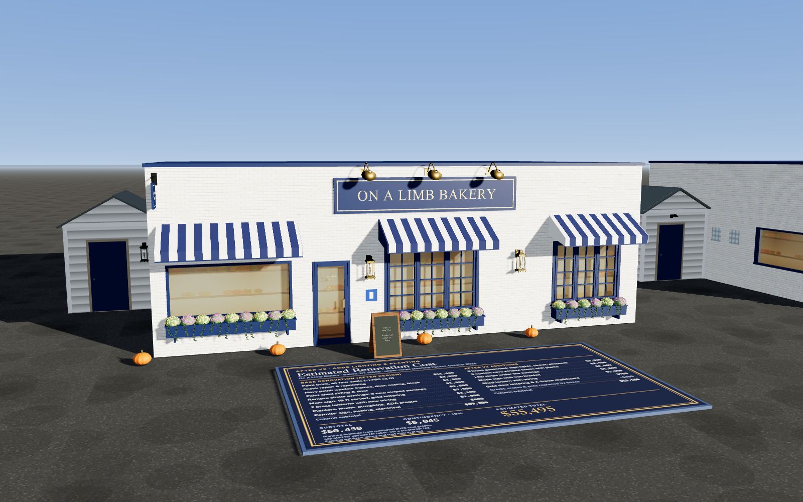 3D render of the renovated On A Limb Bakery storefront with striped awnings and a pricing board in front